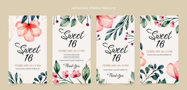 Collezione di 16 storie di instagram disegnate a mano ad acquerello