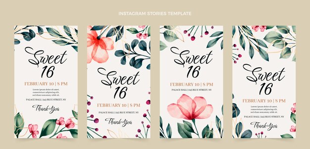 Collezione di 16 storie di instagram disegnate a mano ad acquerello