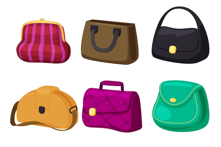 Vettore gratuito collezione di accessori femminili alla moda per borse da donna di diversi tipi