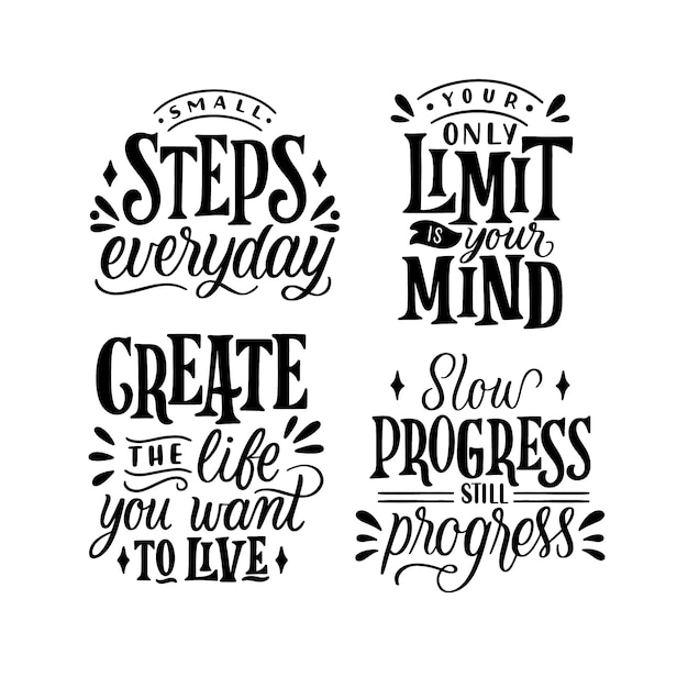 Collezione di adesivi con citazioni motivazionali con scritte monocromatiche