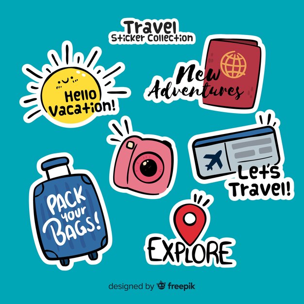 Collezione di adesivi di viaggio disegnati a mano