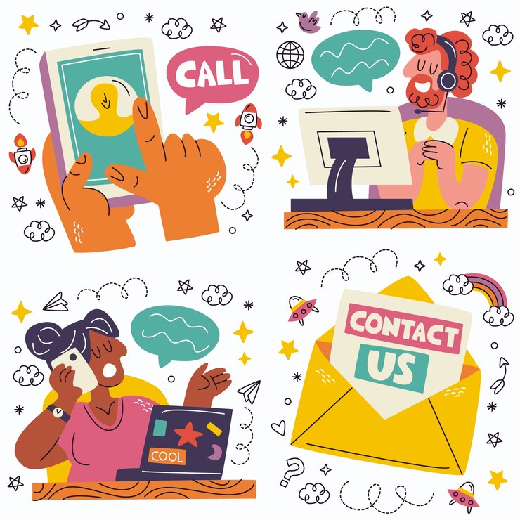 Vettore gratuito collezione di adesivi per contatti e comunicazioni doodle