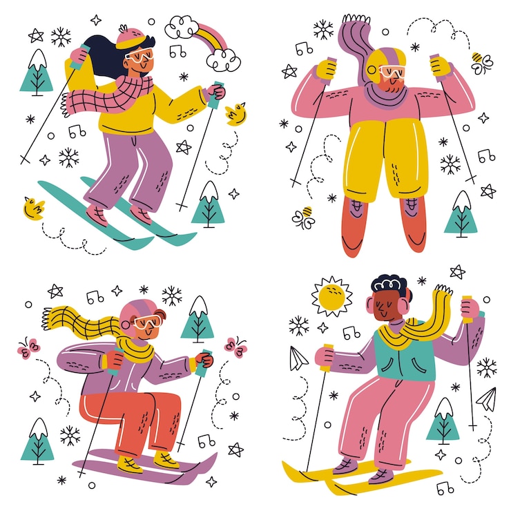 Vettore gratuito collezione di adesivi per sport invernali disegnati a mano doodle