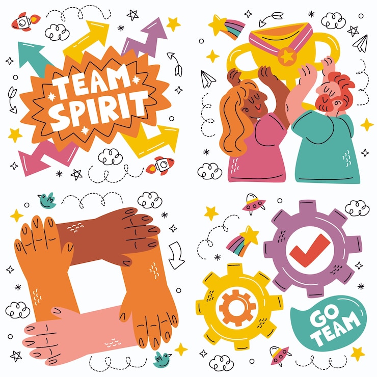 Vettore gratuito collezione di adesivi spirito di squadra doodle