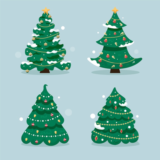 Collezione di alberi di natale piatti disegnati a mano