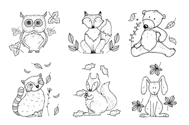 Collezione di animali fost autunnali disegnati a mano