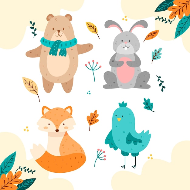Collezione di animali fost autunnali disegnati a mano