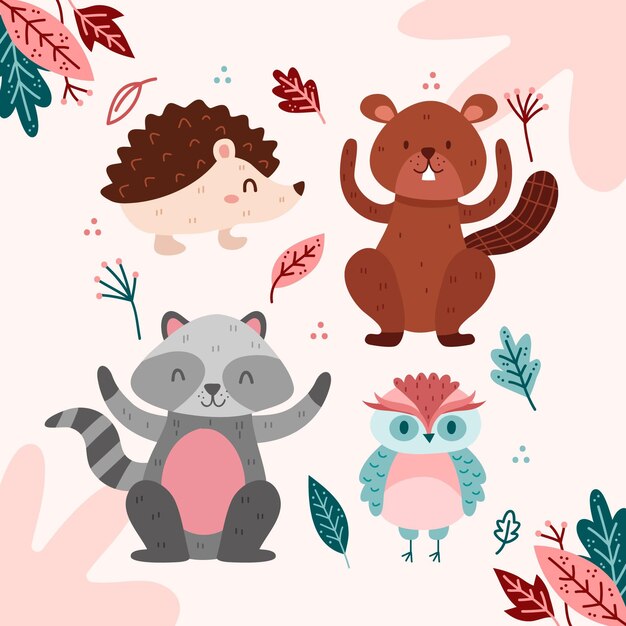 Collezione di animali fost autunnali disegnati a mano