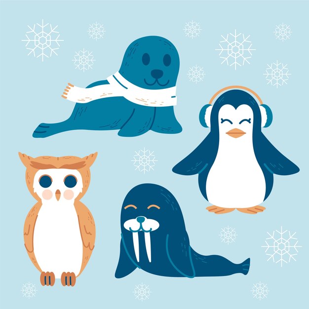 Collezione di animali invernali piatti disegnati a mano
