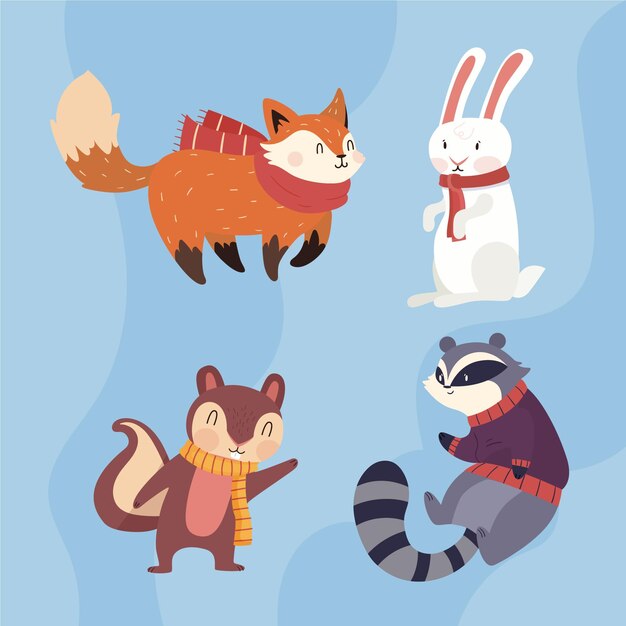 Collezione di animali invernali piatti disegnati a mano