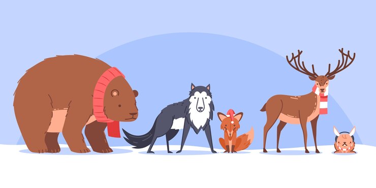 Vettore gratuito collezione di animali invernali piatti disegnati a mano