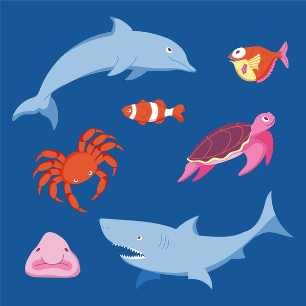 Collezione di animali marini a disegno piatto disegnato a mano