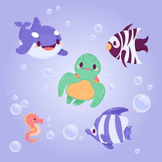 Collezione di animali marini dal design piatto disegnato a mano