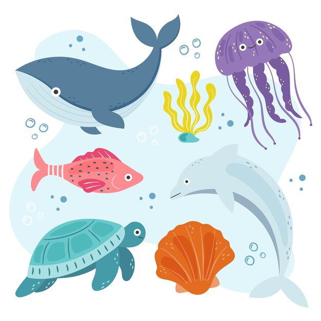 Collezione di animali marini dal design piatto disegnato a mano