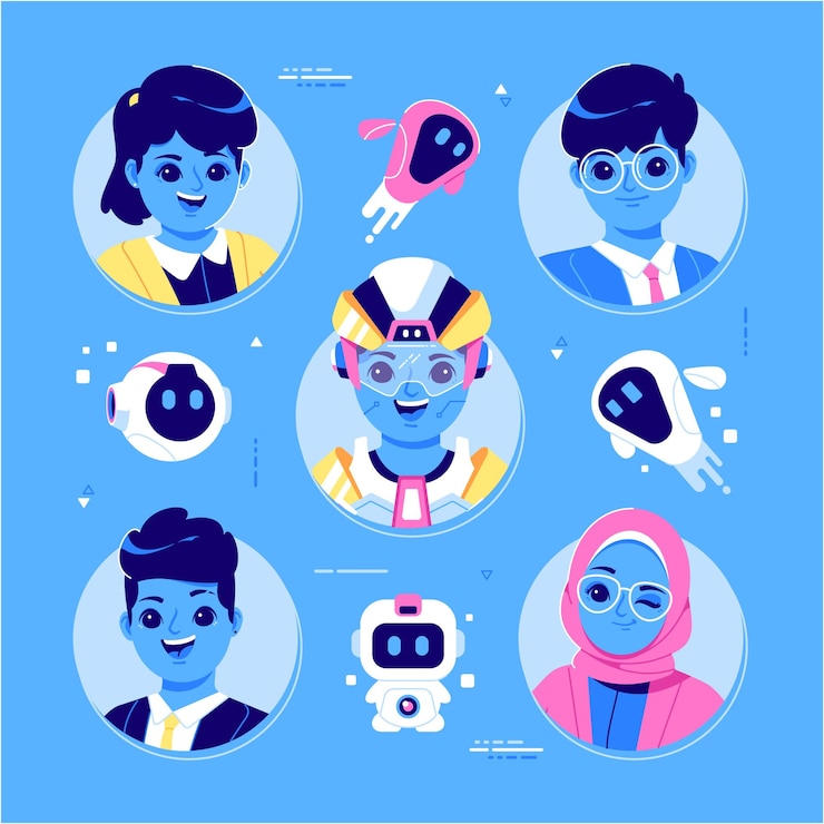 Vettore gratuito collezione di avatar di robot e personaggi blu unici