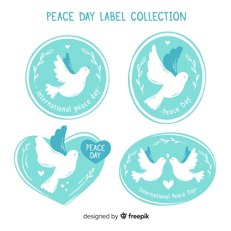 Vettore gratuito collezione di badge colomba giorno della pace disegnati a mano