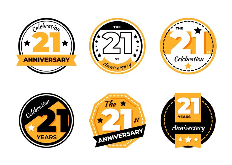 Vettore gratuito collezione di badge per il 21 ° anniversario piatto