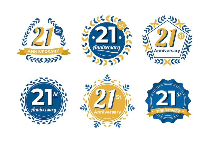 Vettore gratuito collezione di badge per il 21 ° anniversario piatto