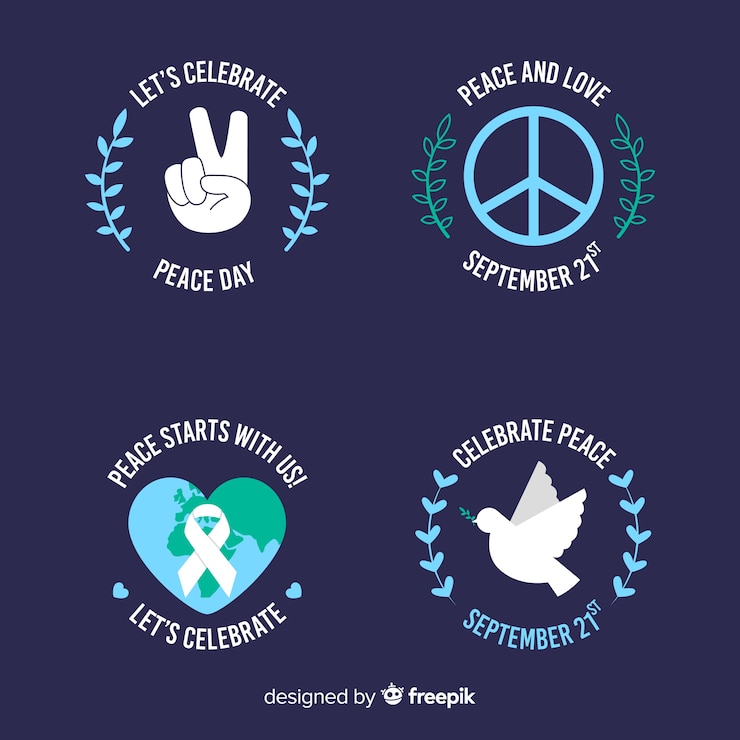 Vettore gratuito collezione di badge piatto giorno della pace su sfondo scuro