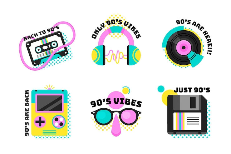 Vettore gratuito collezione di badge piatto nostalgico degli anni '90