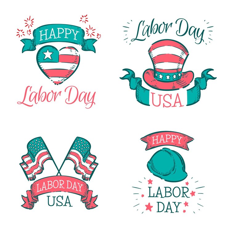 Vettore gratuito collezione di badge usa festa del lavoro disegnati a mano