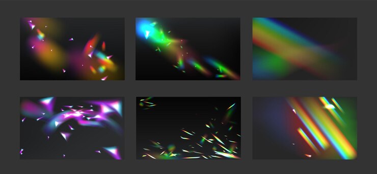 Vettore gratuito collezione di bagliori prisma di diamante effetto luce sfondi con arcobaleno cristallo riflesso lente rifrazione gioielli in vetro o pietra preziosa abbagliamento illusione fisica ottica illustrazione vettoriale 3d realistica