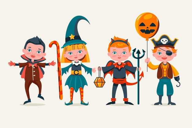 Collezione di bambini di halloween disegnata a mano