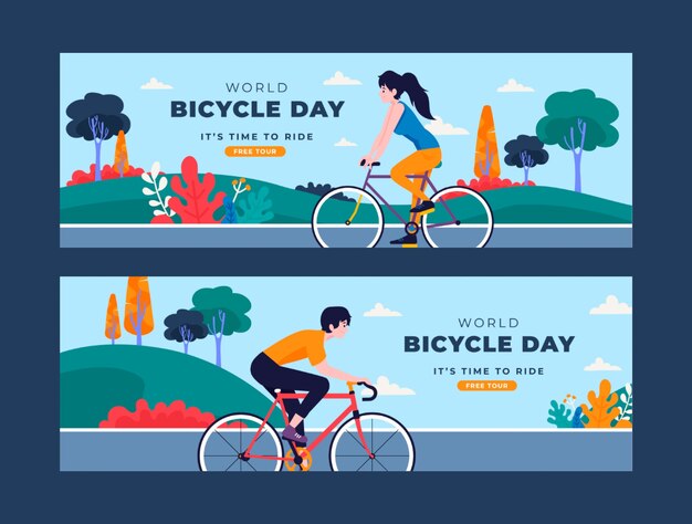 Collezione di banner orizzontali per la giornata mondiale della bicicletta piatta