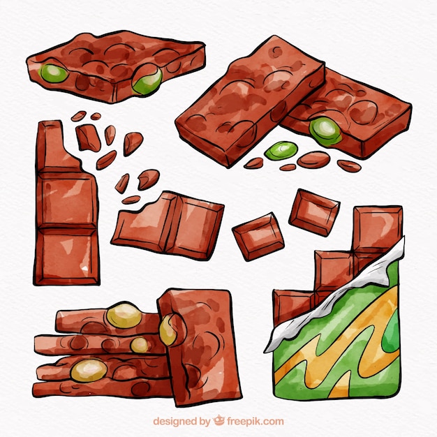 Collezione di barrette di cioccolato disegnate a mano con noci