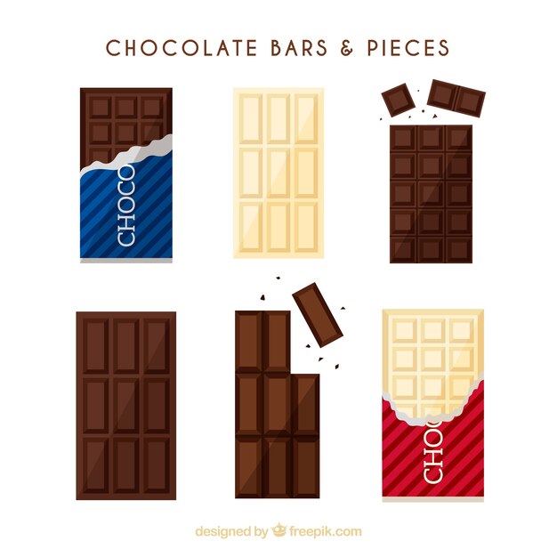 Collezione di barrette e pezzi di cioccolato