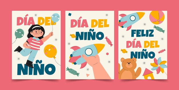 Collezione di biglietti d'auguri piatti per la celebrazione della festa dei bambini in spagnolo