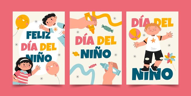 Collezione di biglietti d'auguri piatti per la celebrazione della festa dei bambini in spagnolo