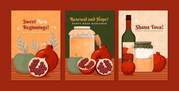 Collezione di biglietti di auguri disegnati a mano per la celebrazione del Capodanno ebraico Rosh Hashanah