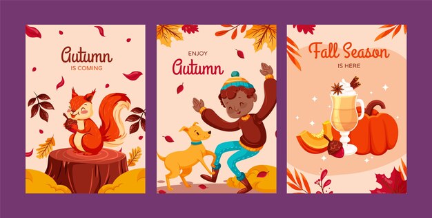 Collezione di biglietti di auguri piatti per la celebrazione della stagione autunnale