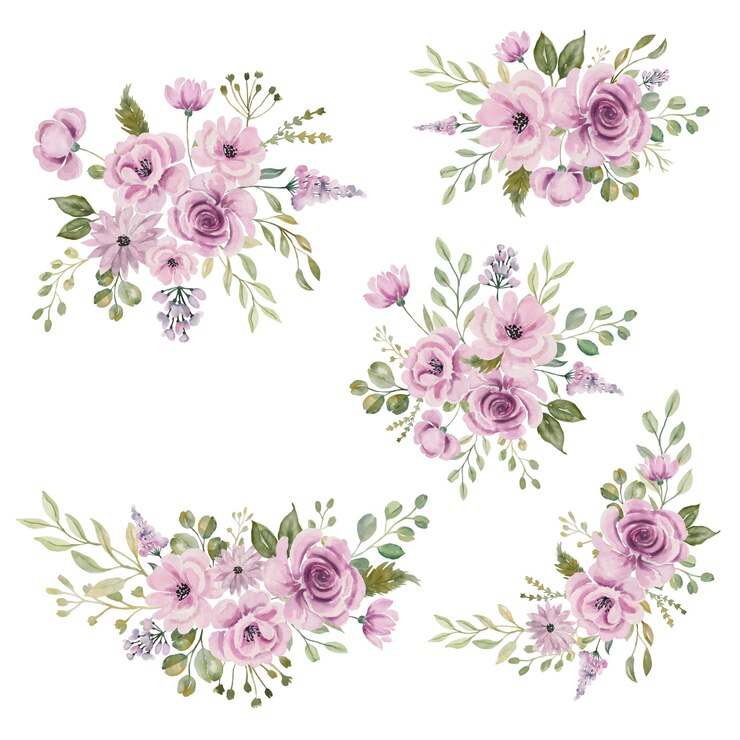 Vettore gratuito collezione di bouquet di fiori ad acquerello di fiori viola
