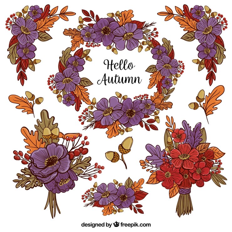 Vettore gratuito collezione di bouquet floreale vintage e corona