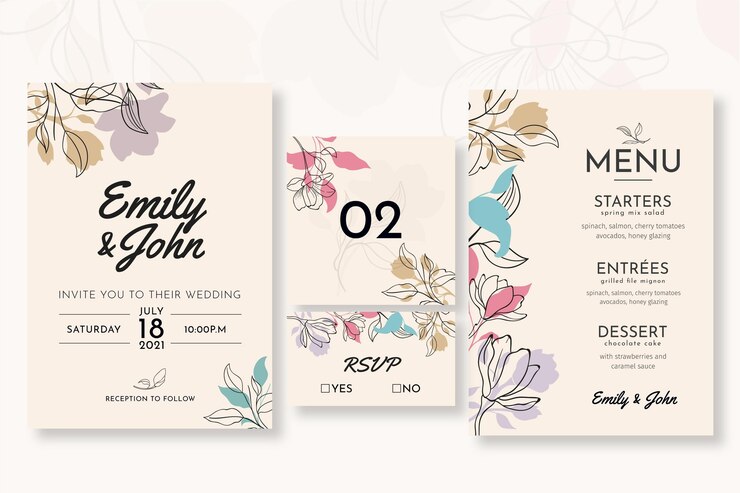 Vettore gratuito collezione di cancelleria matrimonio minimal