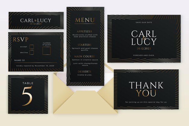 Collezione di cancelleria per matrimoni di lusso dorata sfumata