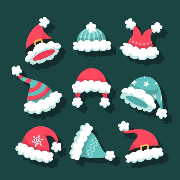 Collezione di cappelli di babbo natale design piatto