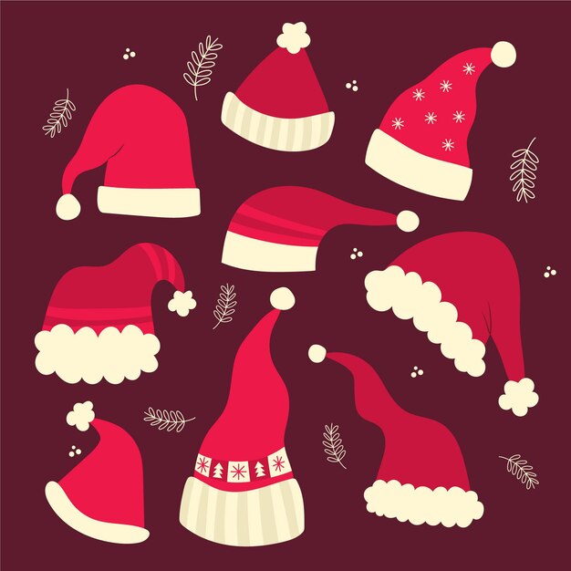 Collezione di cappelli di babbo natale disegnati a mano