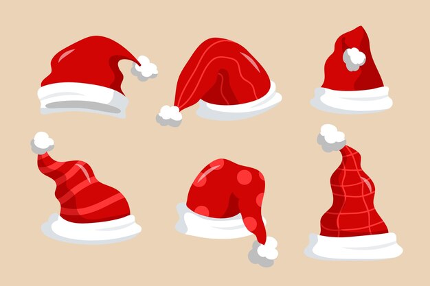 Collezione di cappelli di Babbo Natale piatti disegnati a mano