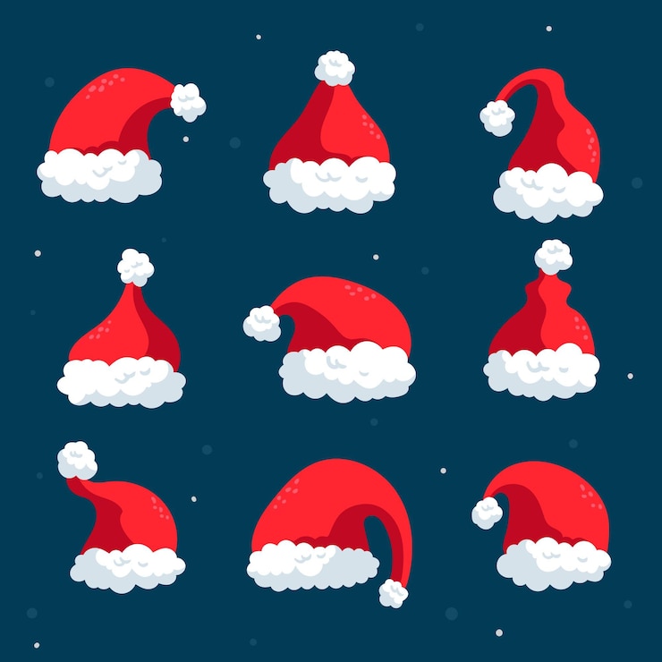 Vettore gratuito collezione di cappelli di babbo natale piatti disegnati a mano