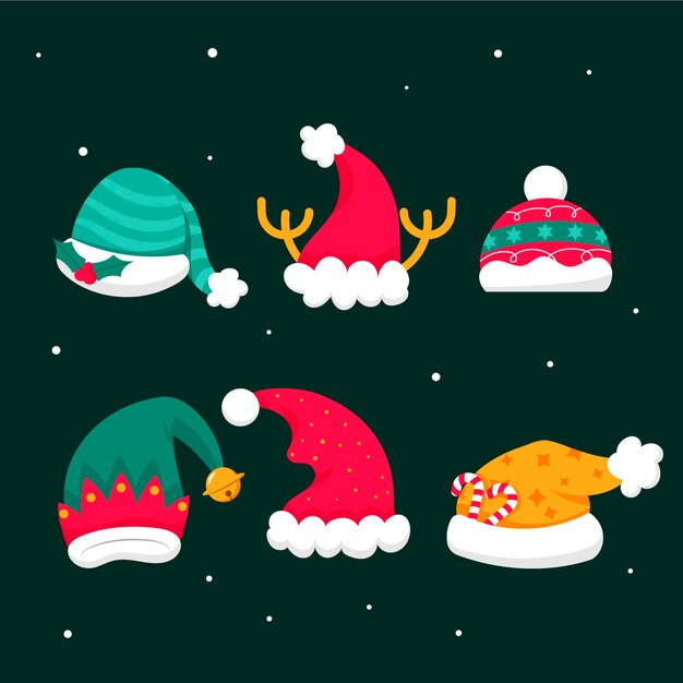 Collezione di cappelli di Babbo Natale piatti disegnati a mano