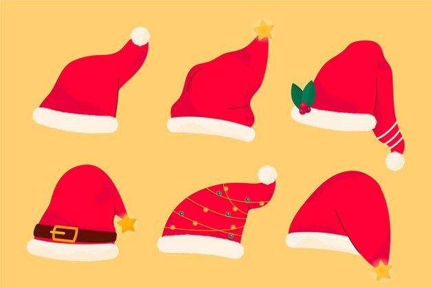 Collezione di cappelli di Babbo Natale piatti disegnati a mano