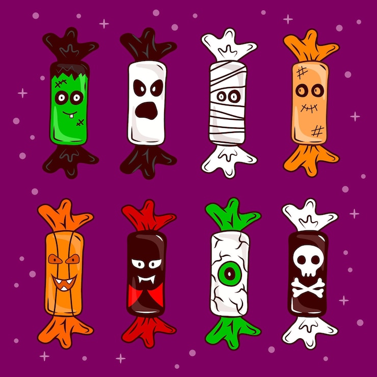 Vettore gratuito collezione di caramelle di halloween disegnati a mano
