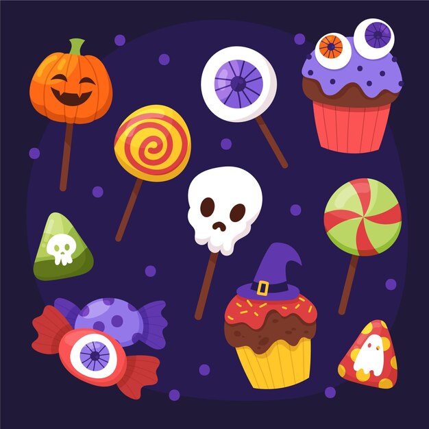 Collezione di caramelle di halloween piatte disegnate a mano
