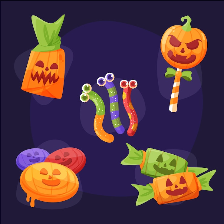 Vettore gratuito collezione di caramelle di halloween piatte disegnate a mano