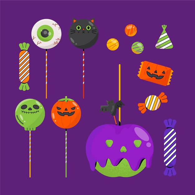 Collezione di caramelle di halloween piatte disegnate a mano