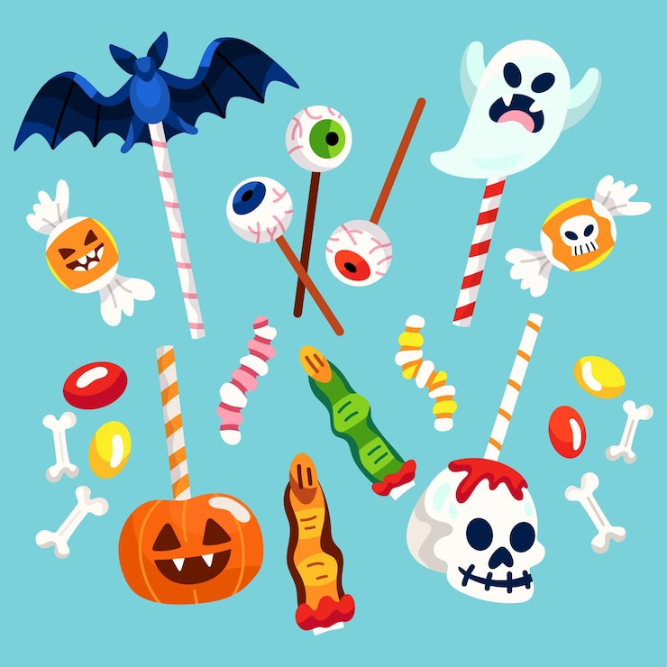 Vettore gratuito collezione di caramelle di halloween piatte disegnate a mano