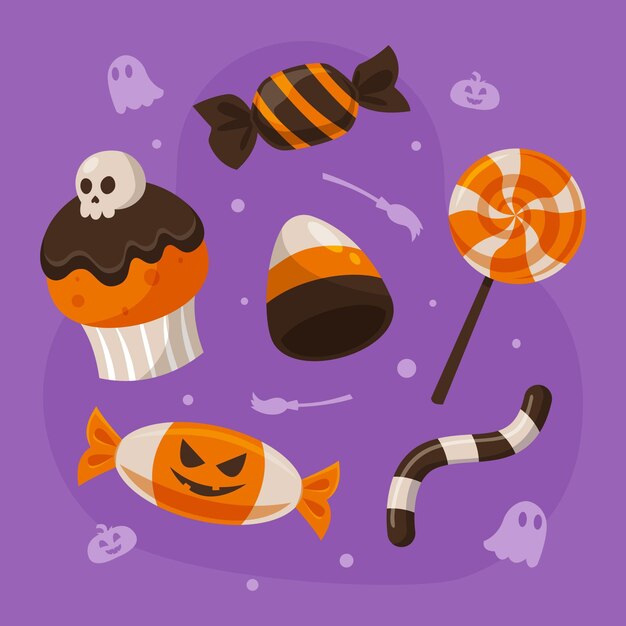 Collezione di caramelle di halloween piatte disegnate a mano